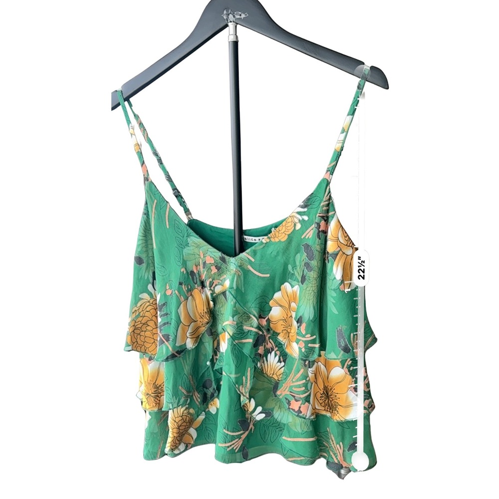 Alice & Olivia Vanessa Green Floral Silk Cami Size M Tiered Ruffle Top ASO TV - Picture 8 of 9